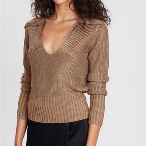 THEORY Draped Collar V-Neck Sweater in Toffee
